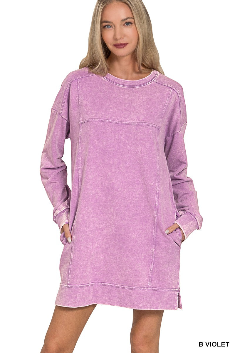 French Terry Acid Washed Dress With Pockets Dress