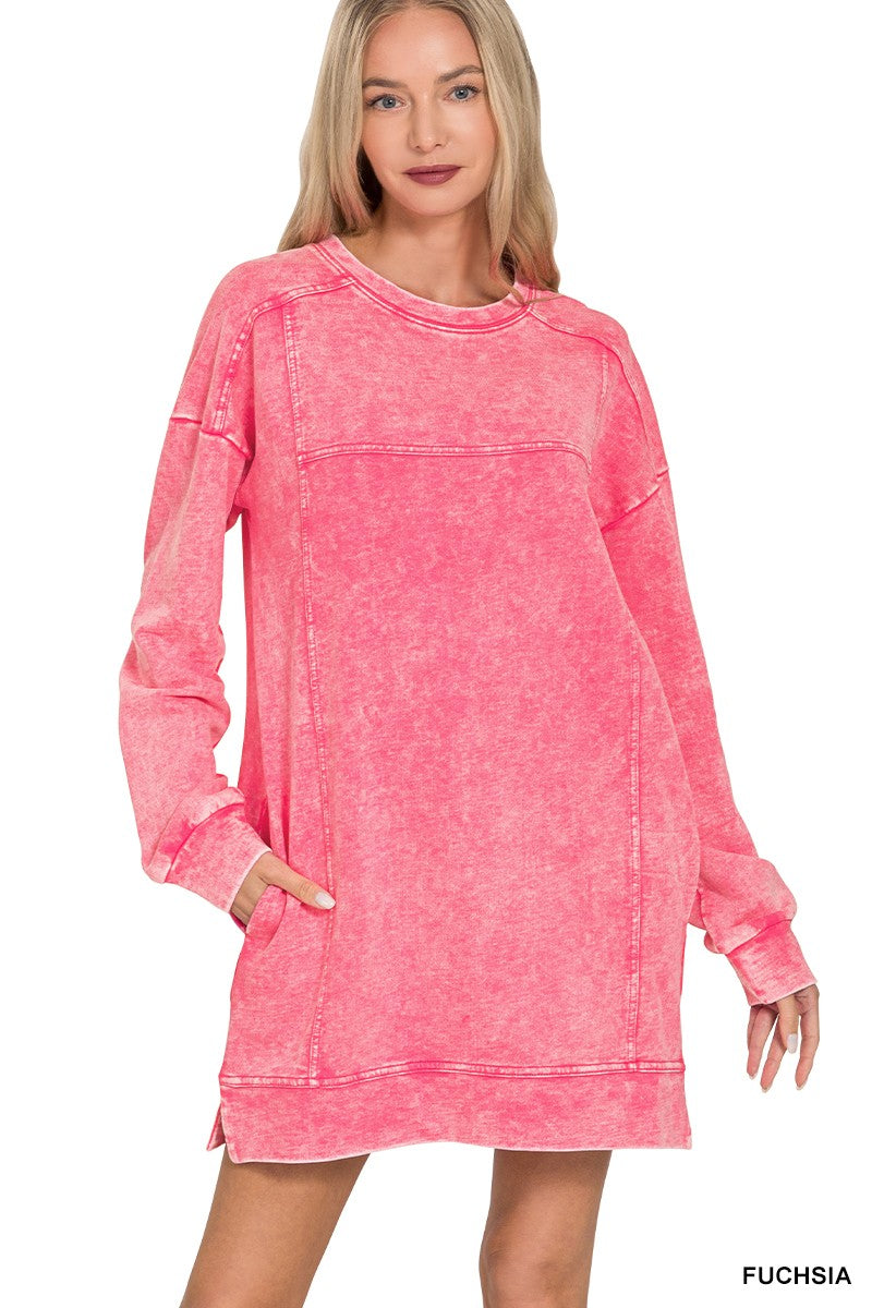 Zenana French Terry Acid Washed Dress with Pockets Fuchsia / L