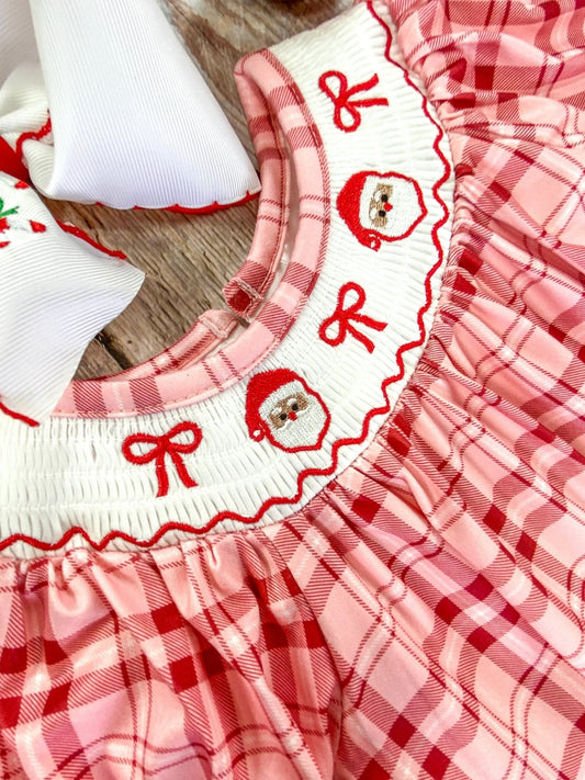 Red Gingham & Santa Embroidery Infant Girls Romper baby romper