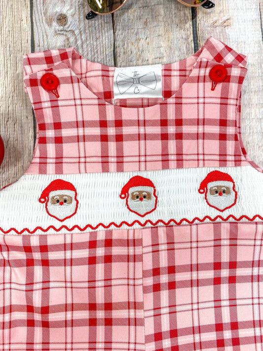 Red Gingham & Santa Embroidery Infant Boy's Romper baby romper