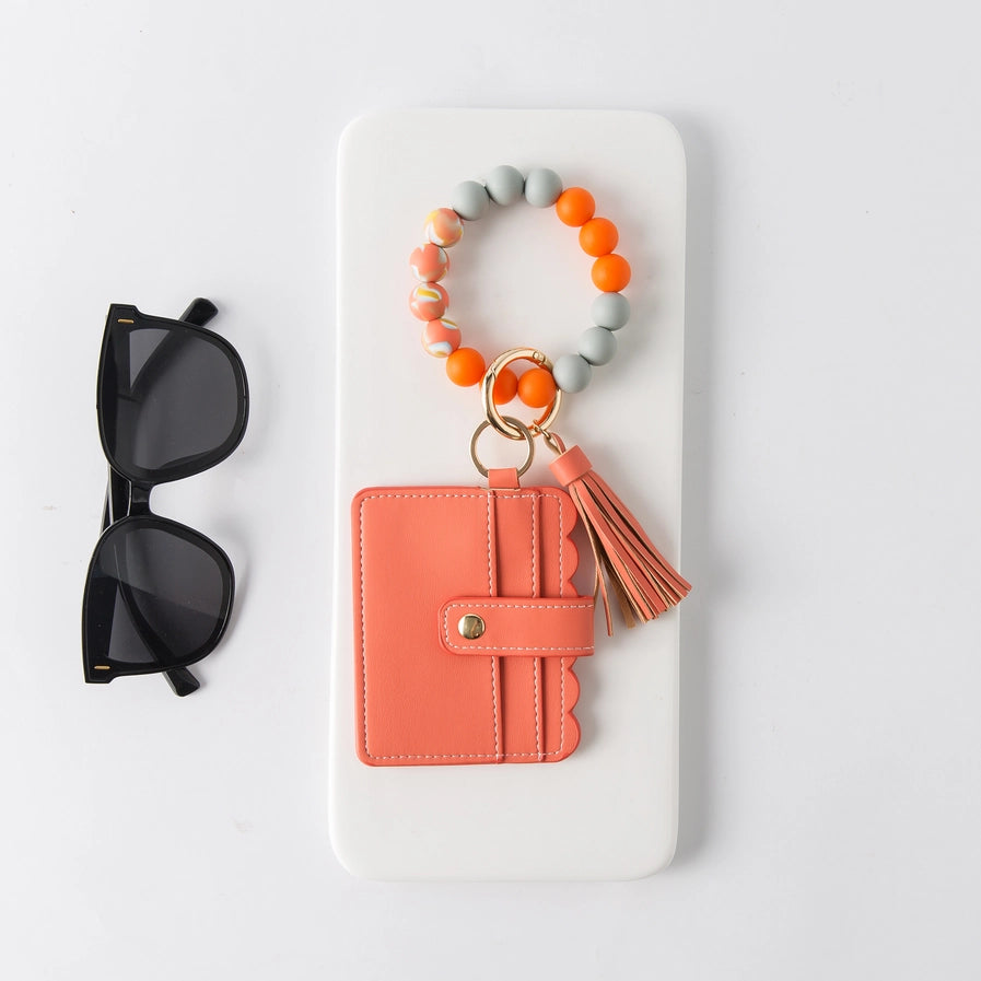 Silicone Beaded Wristlet Keychain Wallet wristlet keychain Orange