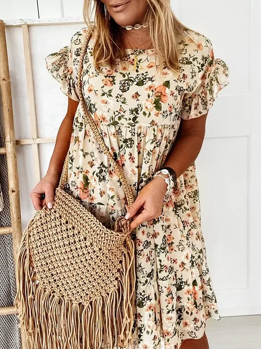 Fly Sleeve Crewneck Floral Dress dress