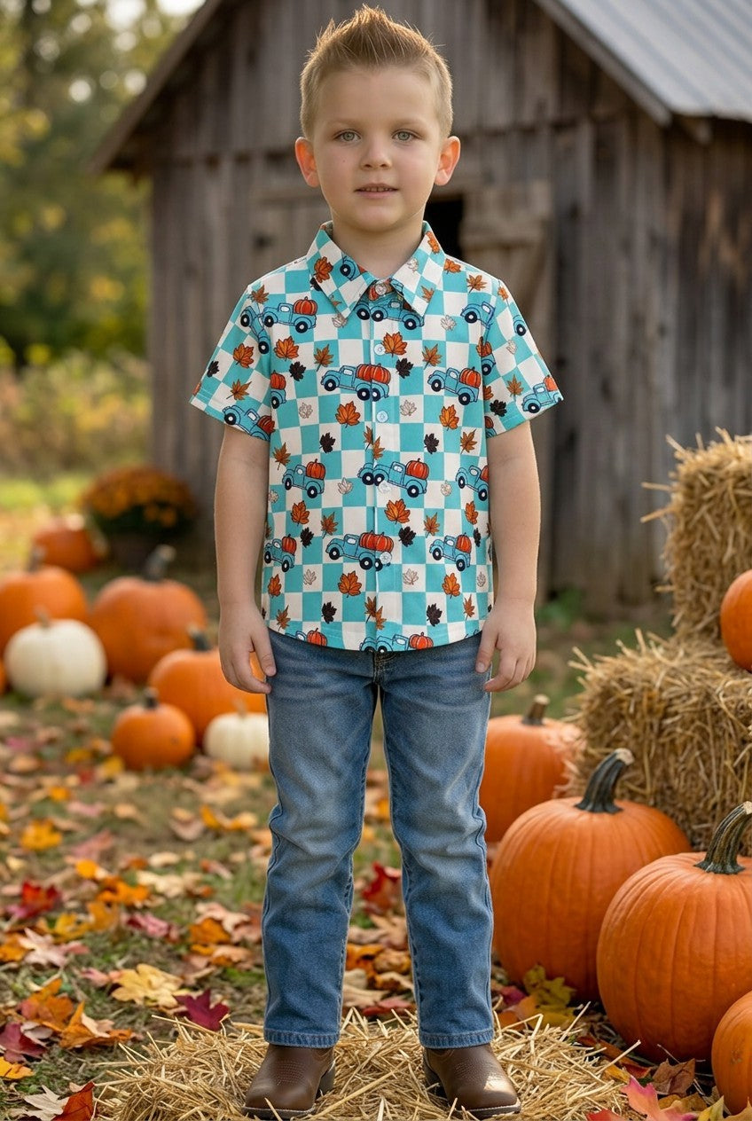 Blue Fall & Checkered Printed Boys Button Up Shirt