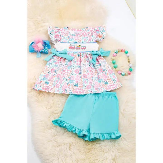 Pastel Floral Smocked Girls Set Clothing Set 2XL