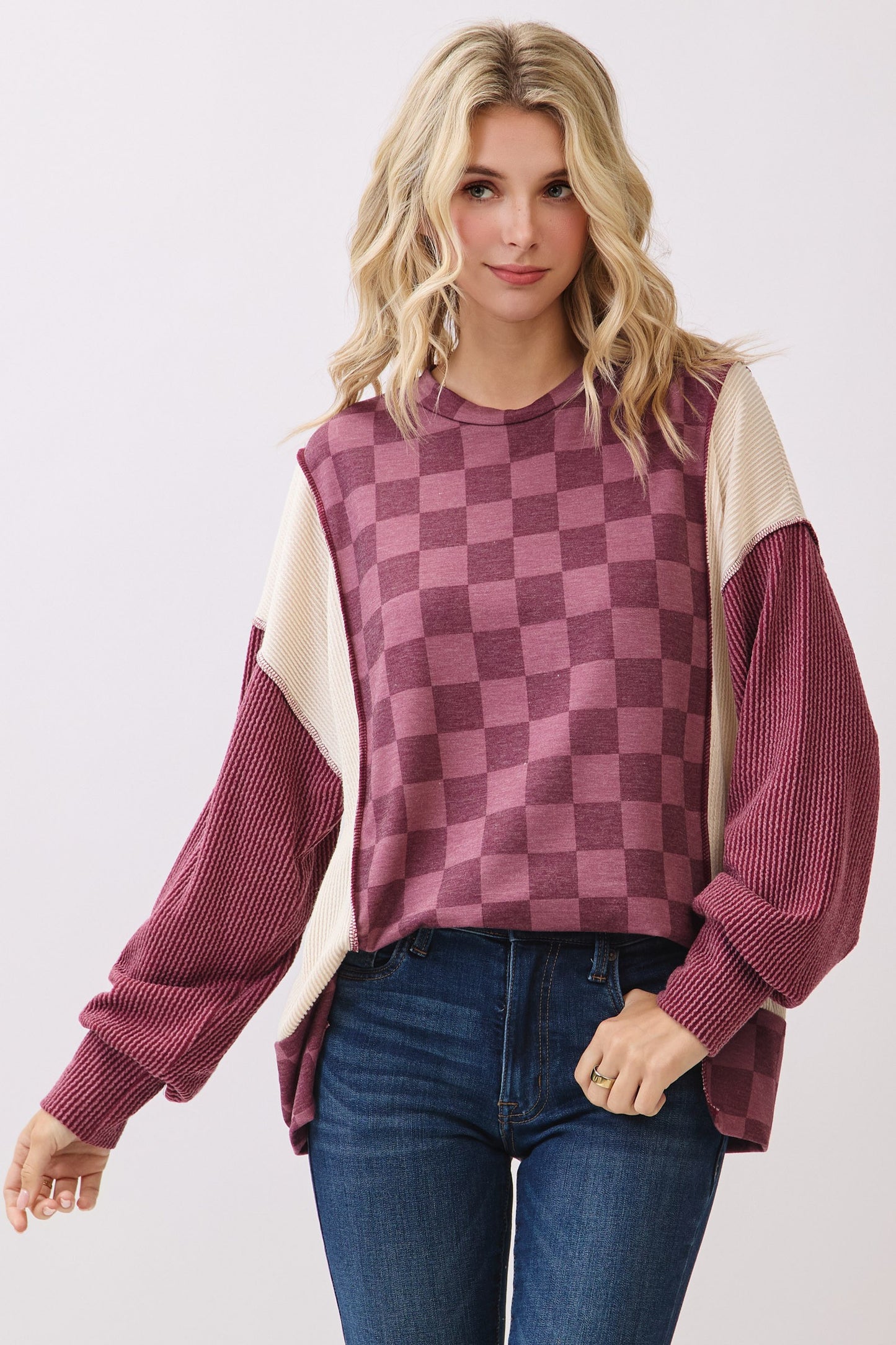 Checkered Print Long Sleeve Pullover Top Tops