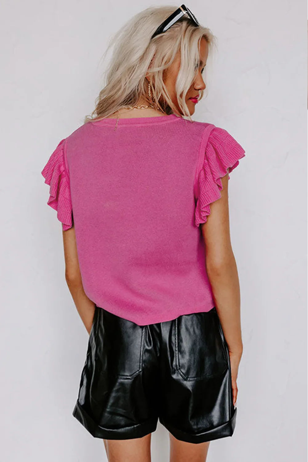 Pink Leopard Ruffled Sleeve Round Neck Knit Sweater Tops