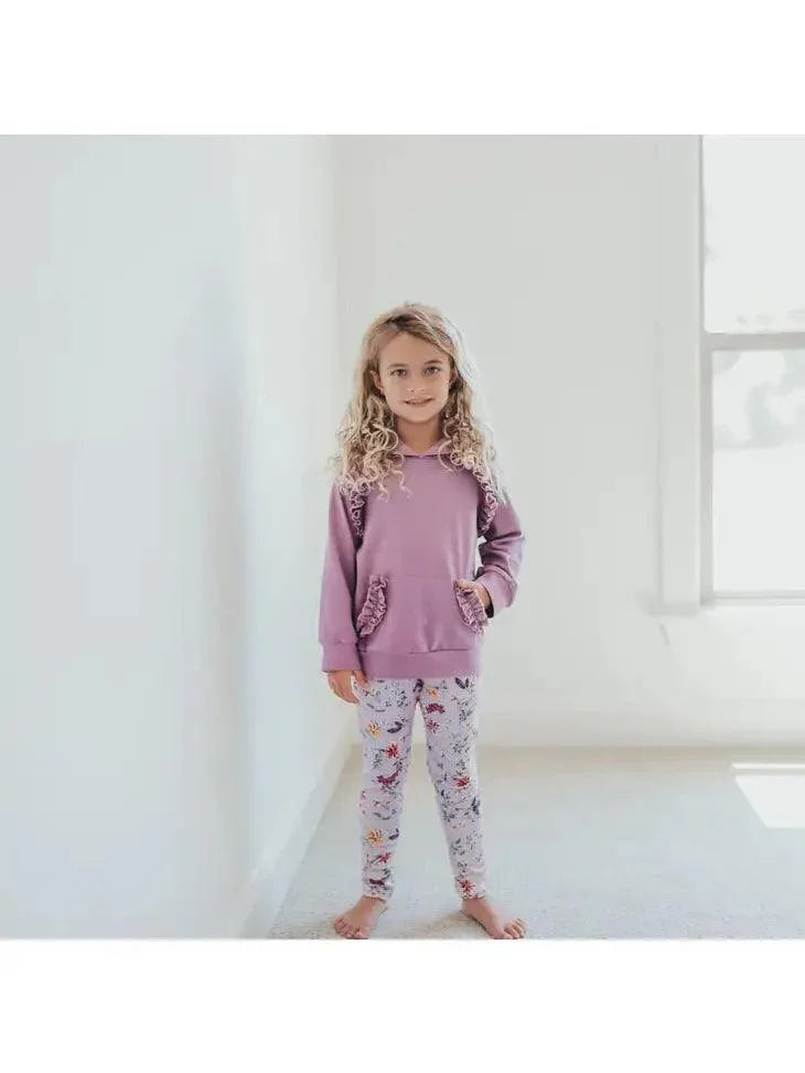 Kids Lavender Floral Ruffle Hoodie Shirt and Leggings Set Clothing Set