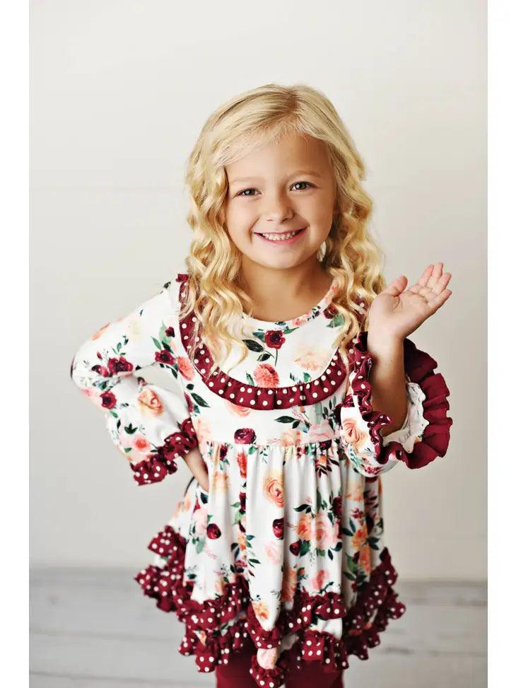 Kids Wine Winter Floral Ruffle Pant Two Piece Set Clothing Set