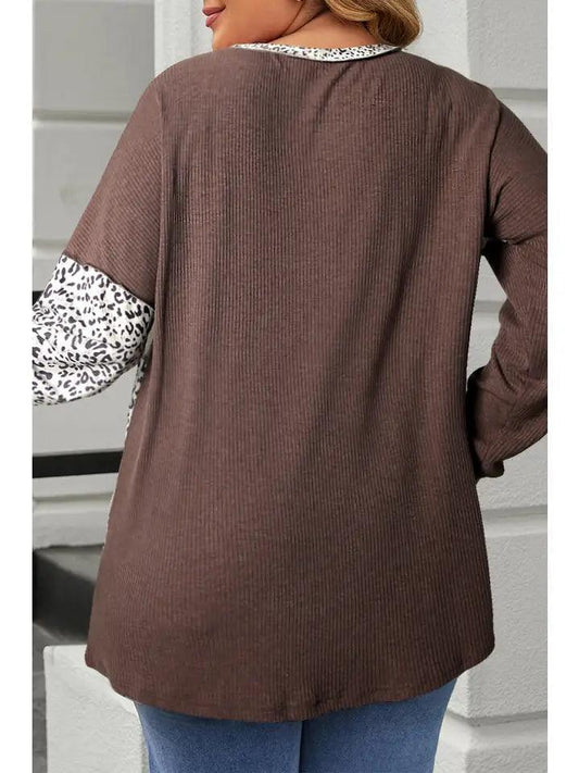 Leopard Colorblock Textured Knit Patchwork Top Tops