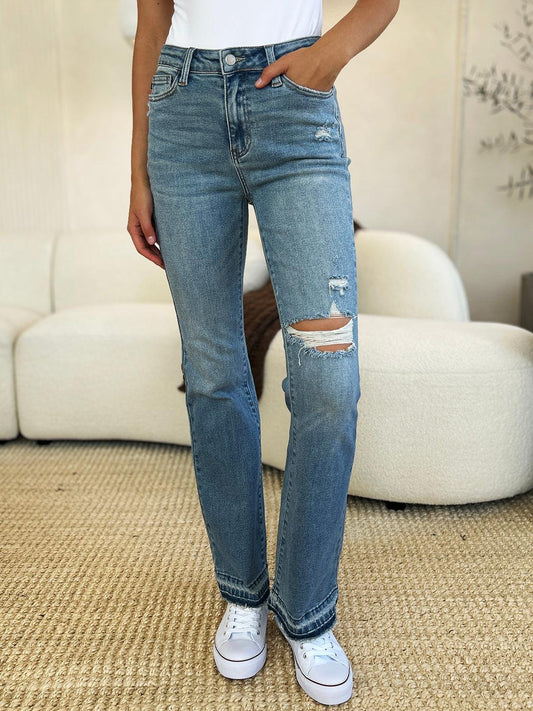 Judy Blue Full Size Mid Rise Destroyed Hem Distressed Jeans Judy Blue Medium