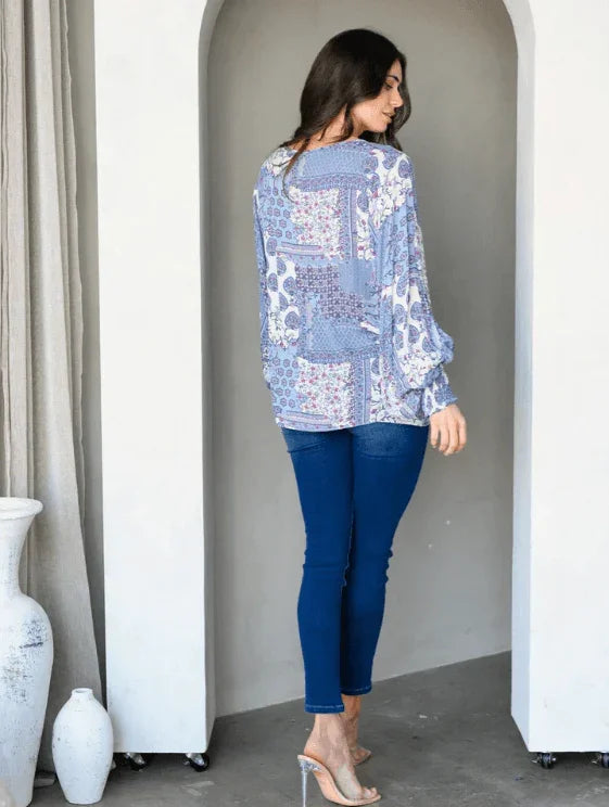 Long Sleeve V-Neck Multi Print Tunic Top Tops