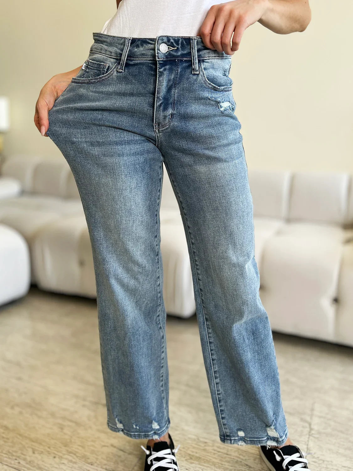 Judy Blue Full Size Mid Rise Distressed Straight Jeans Judy Blue