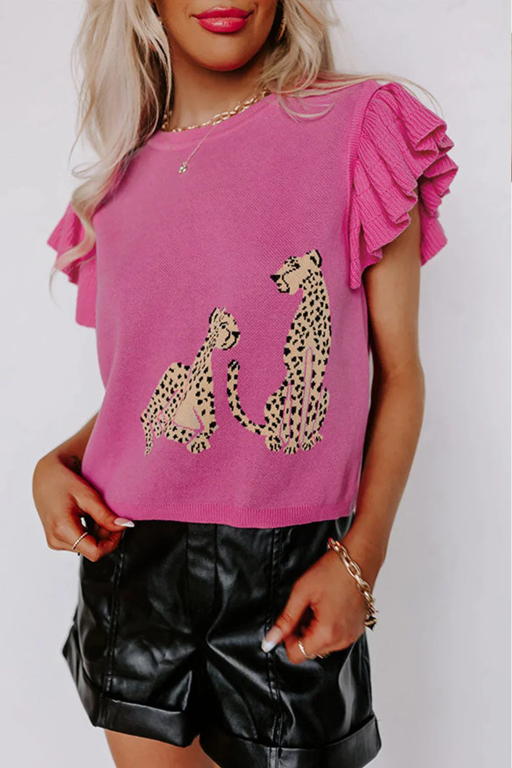Pink Leopard Ruffled Sleeve Round Neck Knit Sweater Tops Pink 100%Polyamide