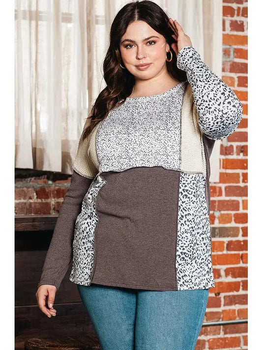 Plus Size Leopard Waffle Ribbed Knit Patchwork Top Tops