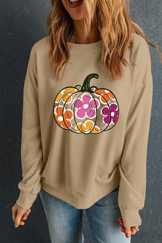 Pumpkin & Flower Graphic Long Sleeve Sweatshirt Sweatshirt Khaki
