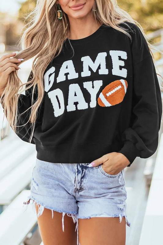 GAME DAY Round Neck Long Sleeve Sweatshirt Sweatshirt Black