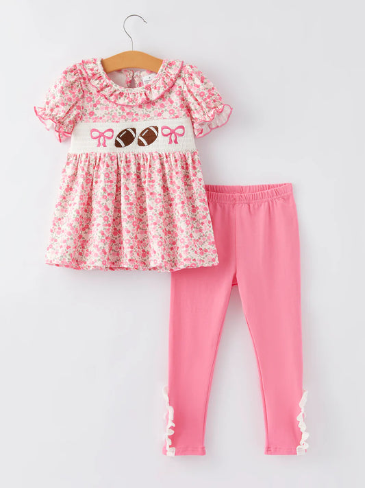 Football Smocking Bow Embroidered Girls Outfit Set Clothing Set