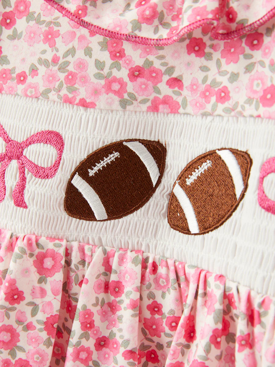 Football Smocking Bow Embroidered Girls Outfit Set Clothing Set