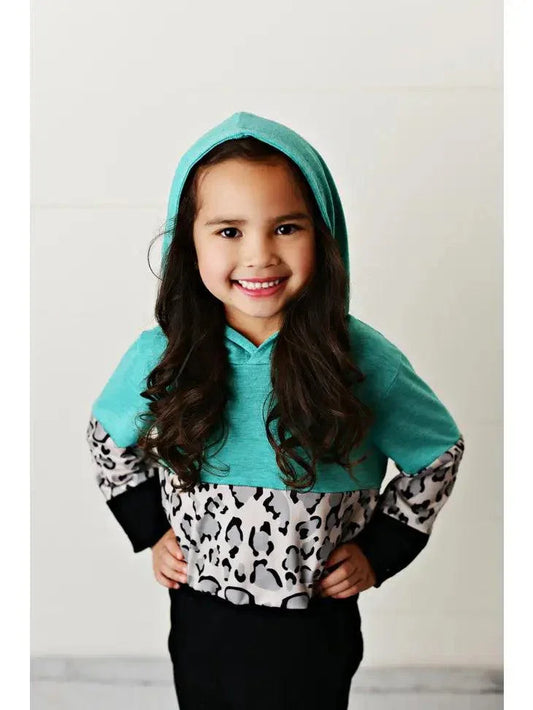 Kids Teal Black & Leopard Print Winter Hoodie Shirt hoodie
