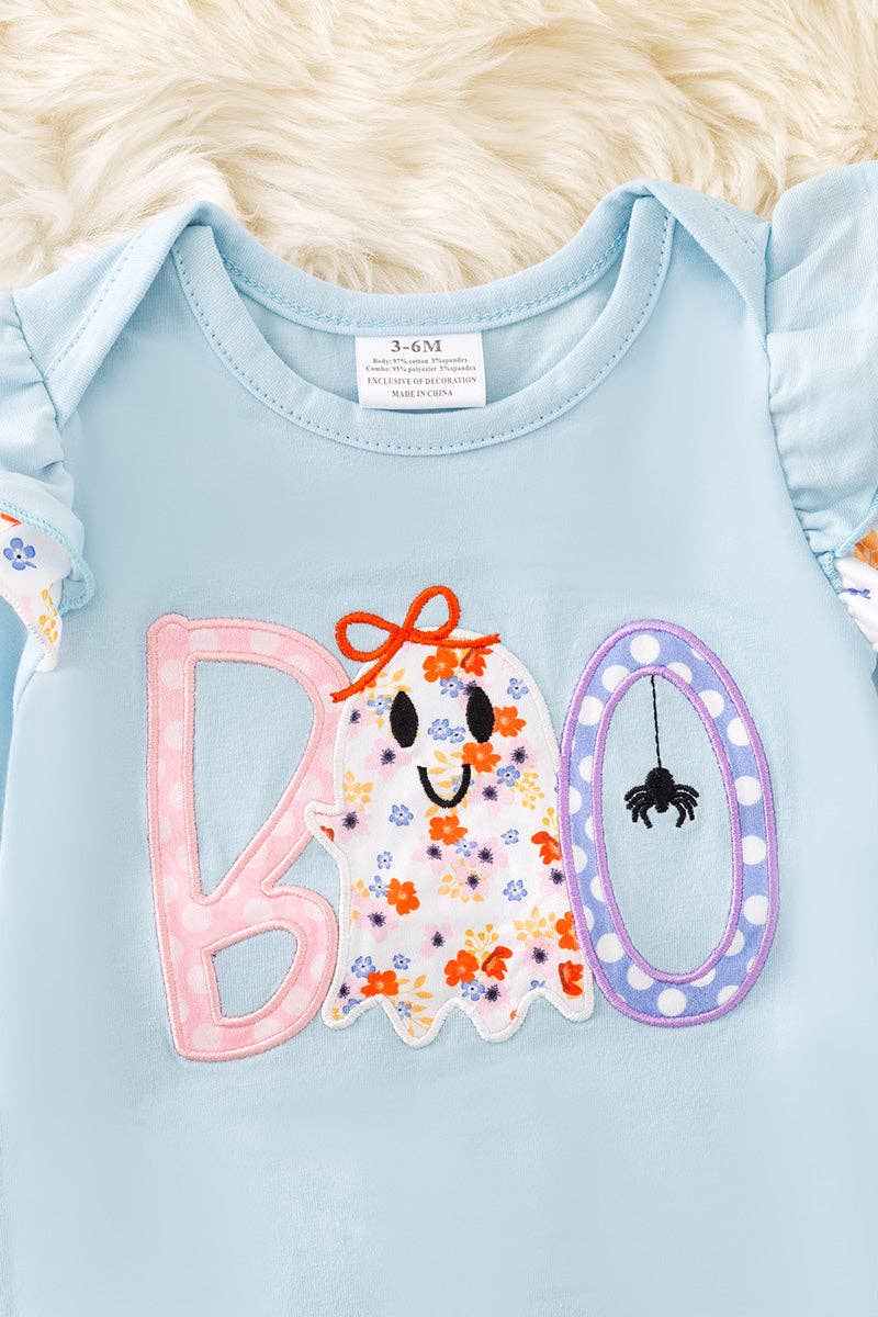 "BOO" Boo applique on Lt. Blue baby romper with floral trim