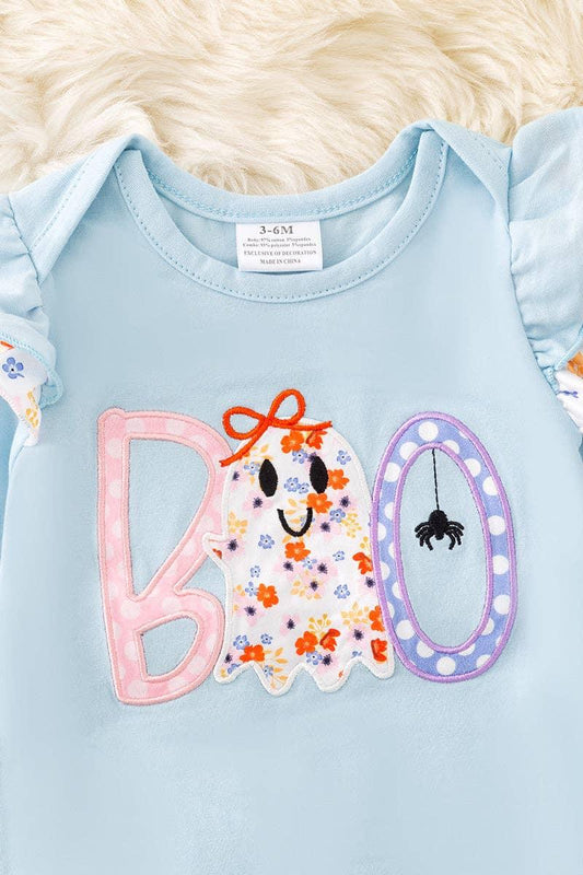 "BOO" Boo applique on Lt. Blue baby romper with floral trim