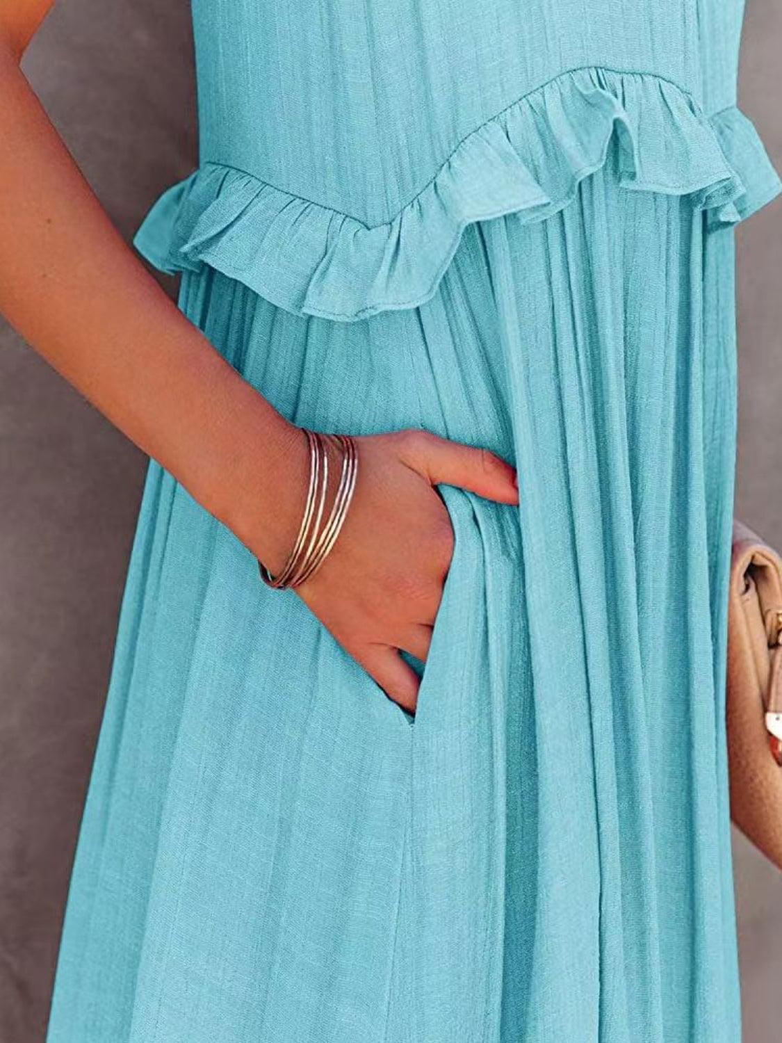 Ruffled Sleeveless Tiered Maxi Dress with Pockets Dress