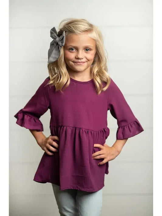 Kids Wine Ruffle Long Sleeve Shirt with Buttons shirt