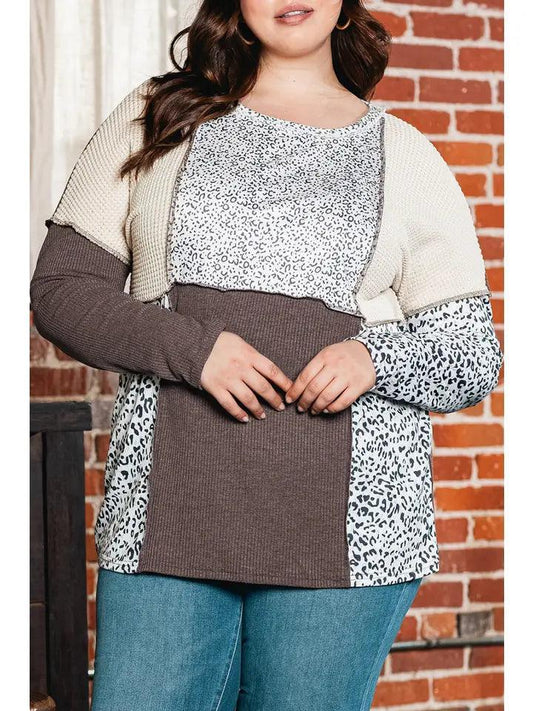 Plus Size Leopard Waffle Ribbed Knit Patchwork Top Tops