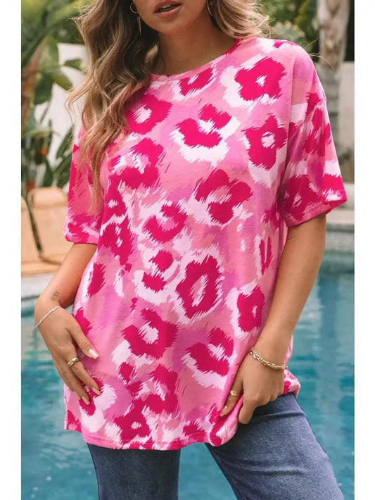Leopard Print Half Sleeve Oversized T Shirt shirt Pink