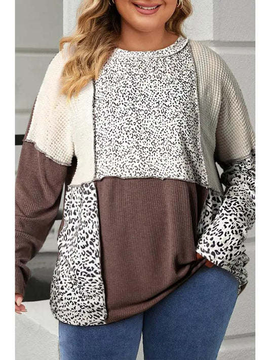 Leopard Colorblock Textured Knit Patchwork Top Tops