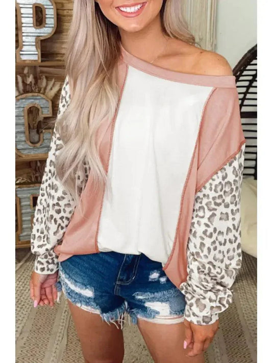 Colorblock Leopard Sleeve Patchwork Top shirt Apricot