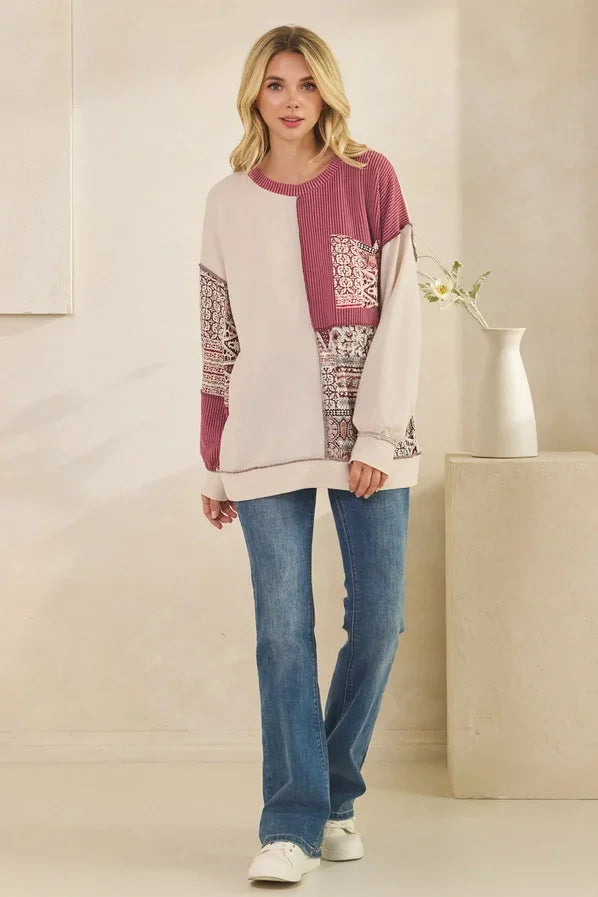 Patchwork Knit Long Sleeve Pullover Top - Oatmeal & Burgundy Color Block Sweater Tops