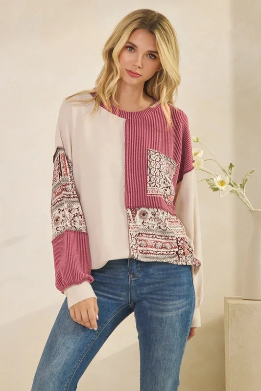 Patchwork Knit Long Sleeve Pullover Top - Oatmeal & Burgundy Color Block Sweater Tops