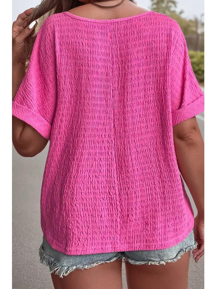 Plus Size Textured Folded Sleeve V Neck Shirt shirt