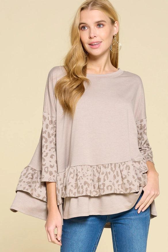 Animal Print Contrast Ruffle Hem Top shirt