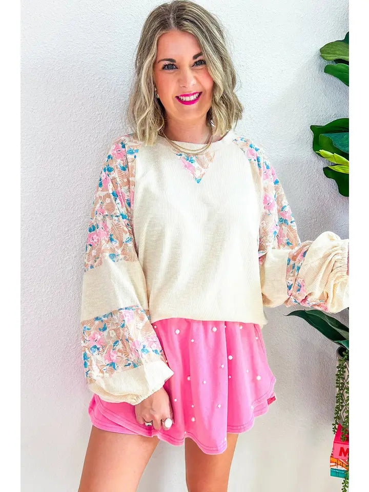 Apricot Plus Size Floral Patchwork Ribbed Puff Sleeve Top Tops