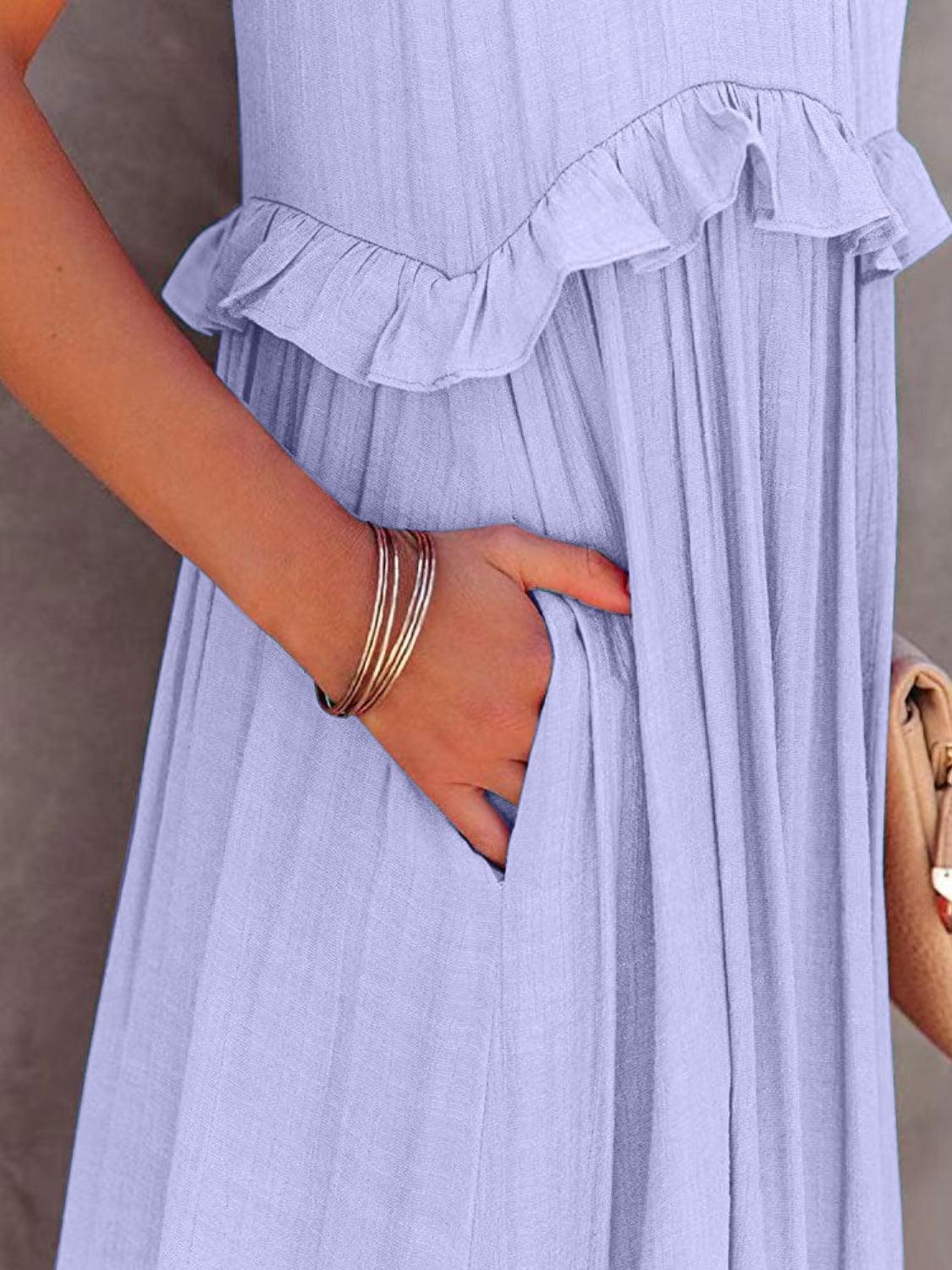 Ruffled Sleeveless Tiered Maxi Dress with Pockets Dress