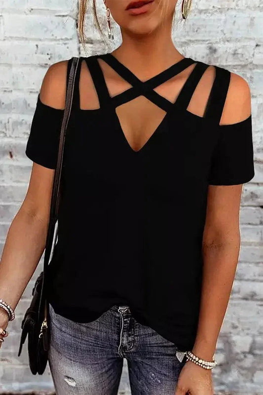 Black Criss-Cross Cut Out Short Sleeve Top shirt