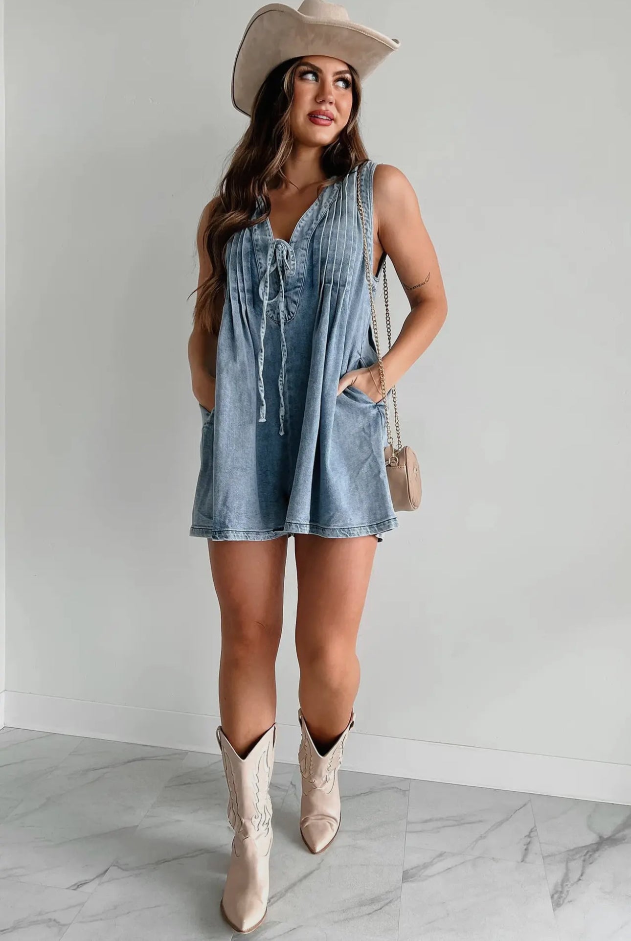 Tie Front V-Neck Sleeveless Denim Romper rompers