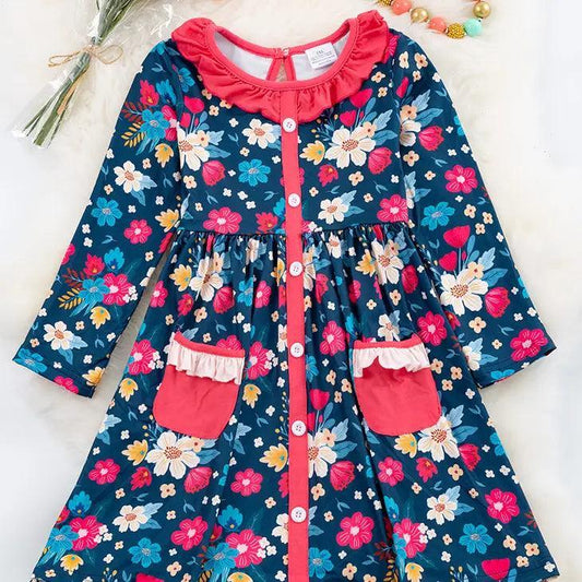 Navy Blue Multi-Color Flower Print Dress