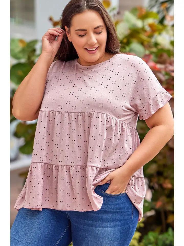 Plus Size Eyelet Pattern Ruffle Sleeve Babydoll Top Tops