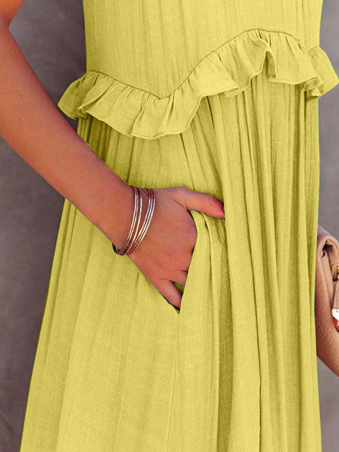 Ruffled Sleeveless Tiered Maxi Dress with Pockets Dress