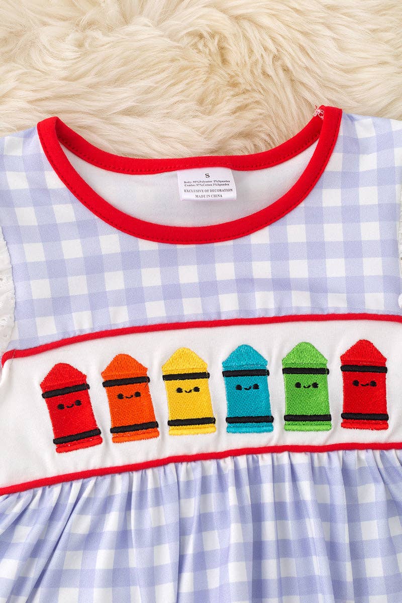 Crayon embroidered dress with gingham print & front pockets