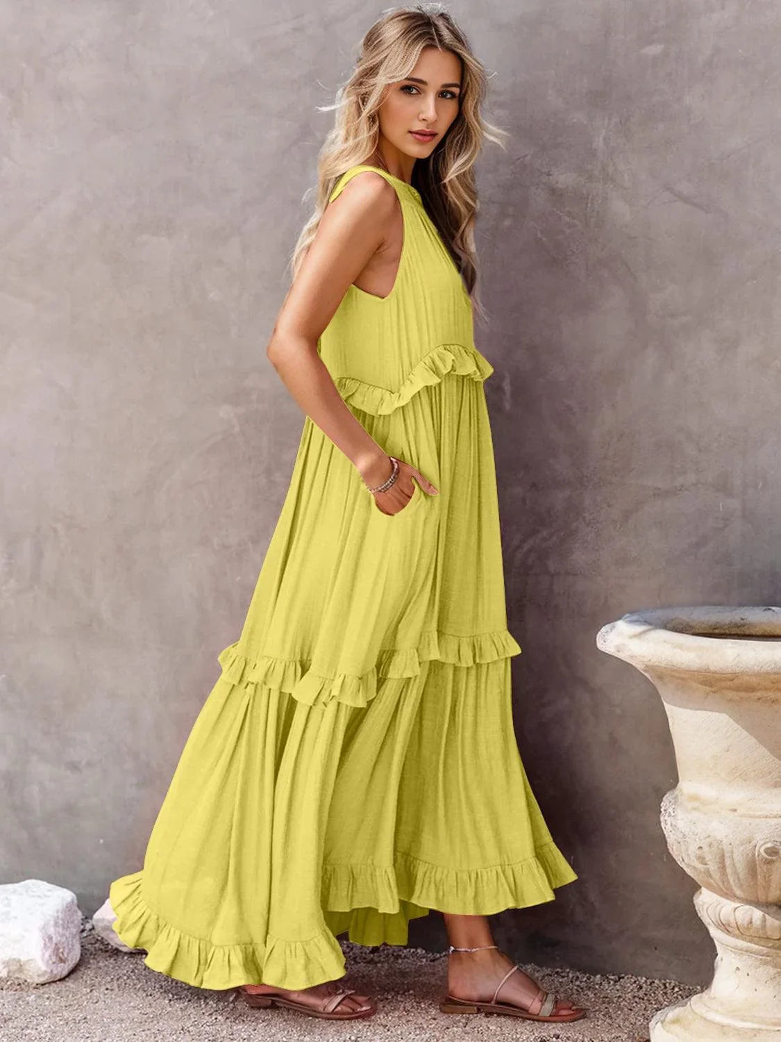 Ruffled Sleeveless Tiered Maxi Dress with Pockets Dress Chartreuse