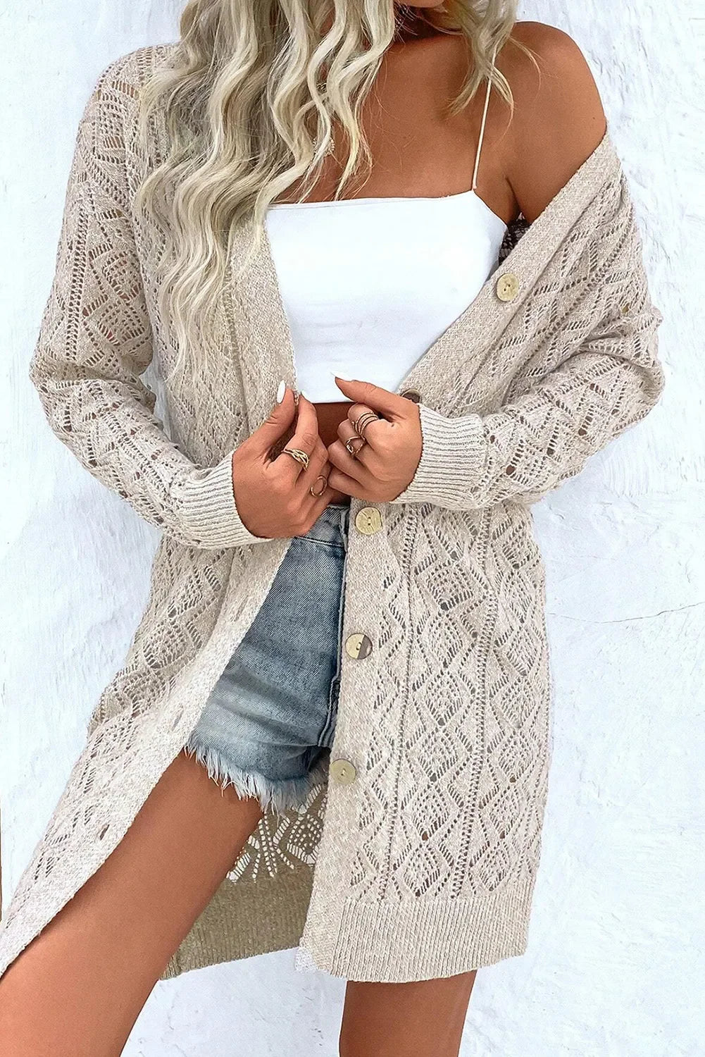 Openwork Button Down Long Sleeve Cardigan cardigan