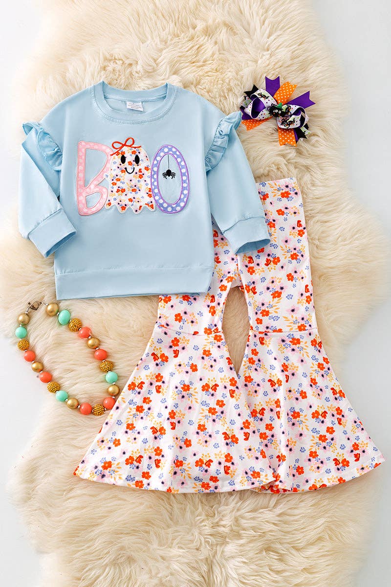 "BOO" Boo applique girls sweatshirt and floral flare bell bottoms