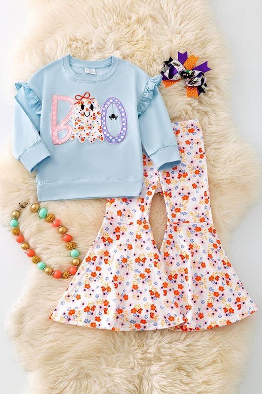 "BOO" Boo applique girls sweatshirt and floral flare bell bottoms