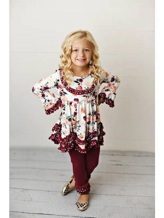 Kids Wine Winter Floral Ruffle Pant Two Piece Set Clothing Set