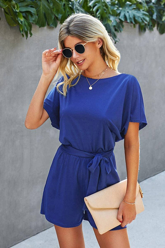 Round Neck Short Sleeve Solid Romper rompers