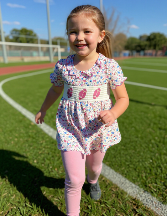 Football Smocking Embroidered Girls Outfit Set Clothing Set